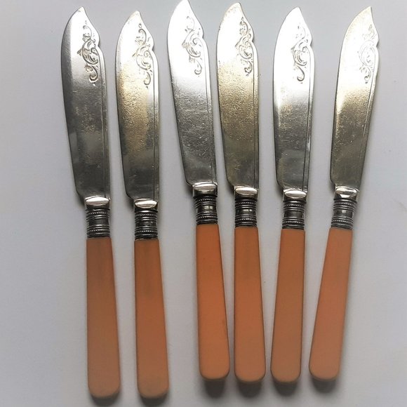 VTG Antique French Ivory Celluloid Handle Silver Plate Forks & Knieves Set of 12 - Picture 7 of 10